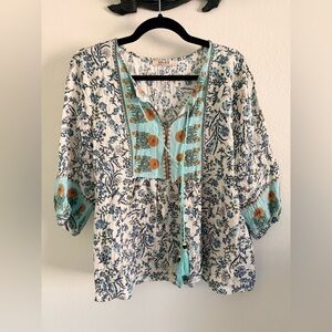 ViVI Boho Floral Blouse - Blue and Orange Accents